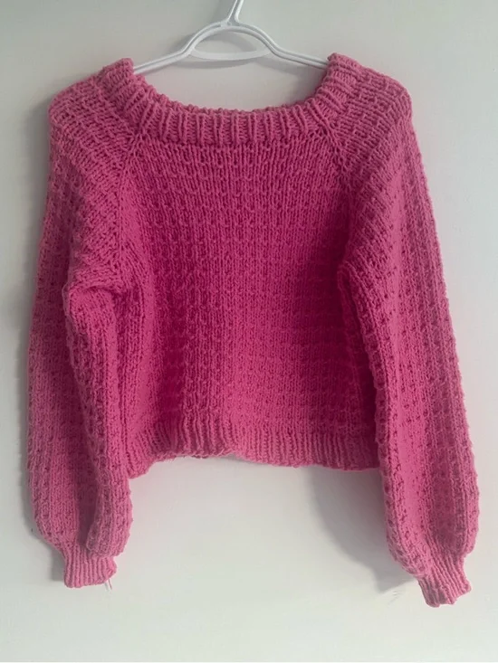 Chunky Knit Cropped Sweater Barbie Pink Balloon Sleeve Cozy Pullover - Picture 2 of 6